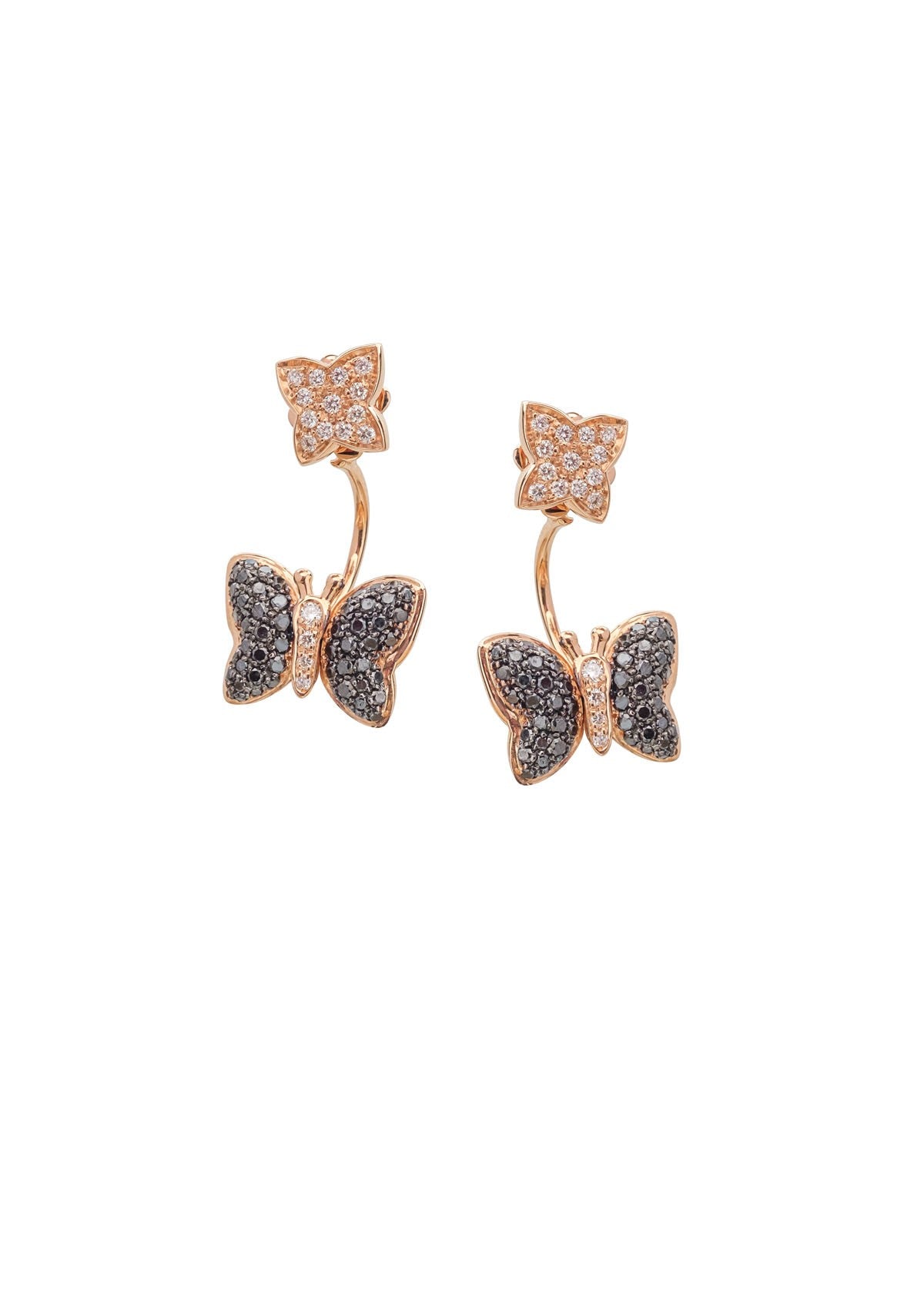 Butterfly earrings with a scattering of black and white diamonds