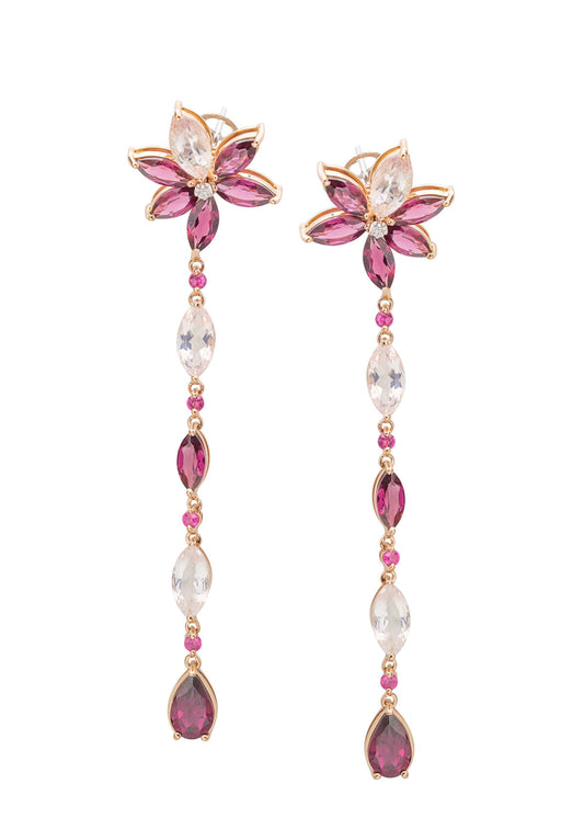 Drop earrings with rose quartz, ruby and diamonds in yellow gold